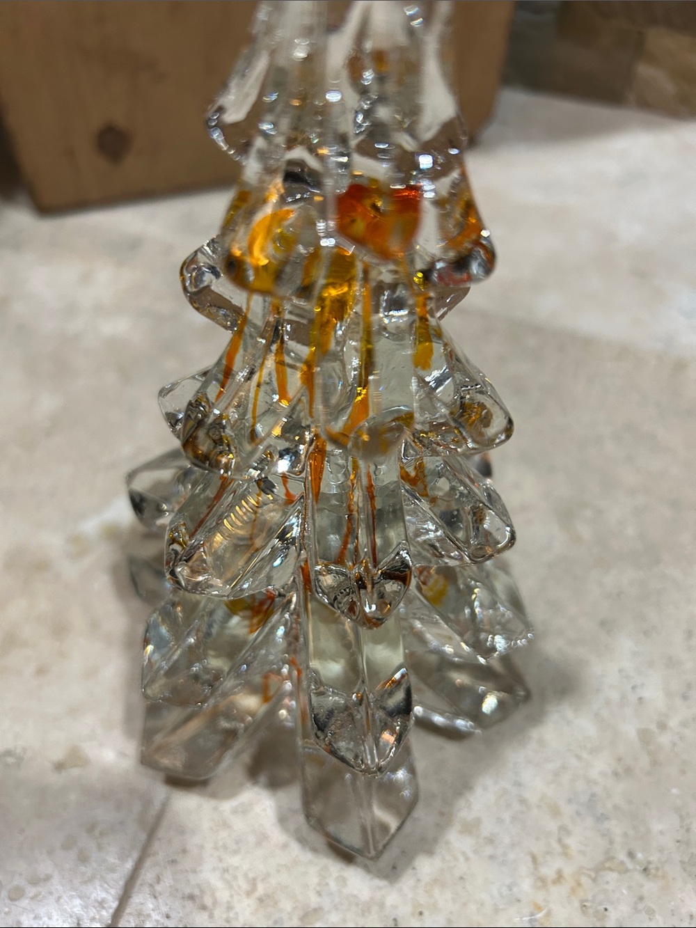 vintage clear art glass Christmas tree figurine with orange stripes - Picture 8 of 12